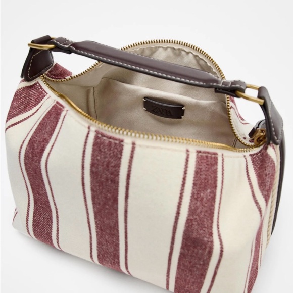 Zara Burgundy and White Striped Handle Bag with brown accents and 2 straps - Picture 2 of 6